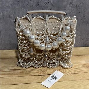 Anthropologie Elegant Pearl-Embellished Cream Handbag